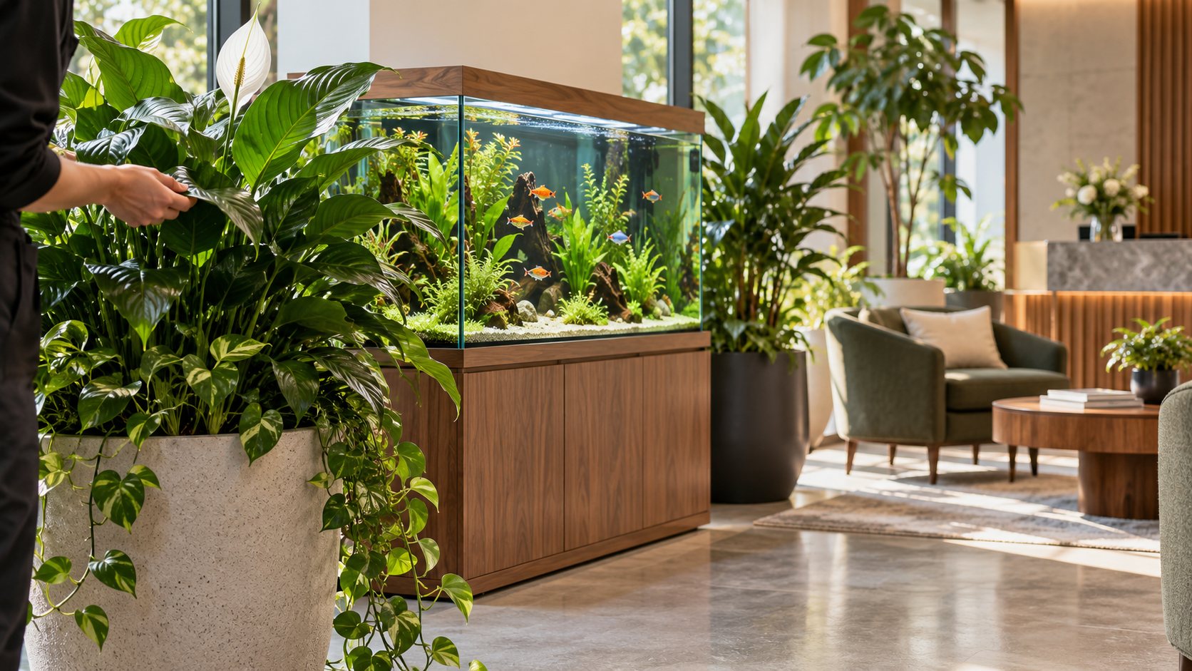 Maintained houseplants and a freshwater aquarium in a reception space